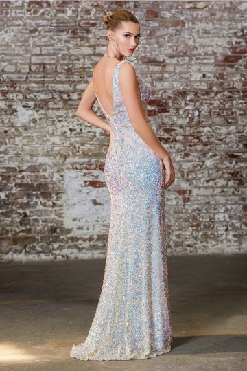 Fitted 3D Iridescent Sequin Gown With Illusion Cut Outs And Open Back by Cinderella Divine -CD187