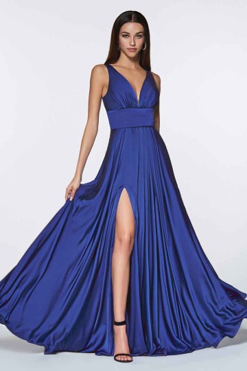 Satin Flowy A-Line Dress With Leg Slit, Open Back And V-Neckline by Cinderella Divine -7469