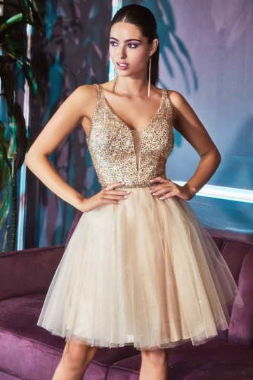 A-Line Short Dress With Embellished Top And Glitter Tulle Skirt by Cinderella Divine -CD0149